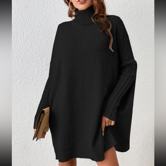 Boho Comfy Turtle Neck Batwing Sleeve Sweater Dress - Picture 5 of 6